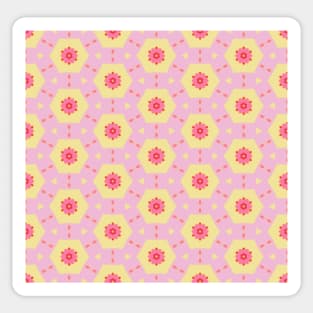 Kaleidoscopic shapes with 1960s flowers, in pastel pink and yellow Sticker